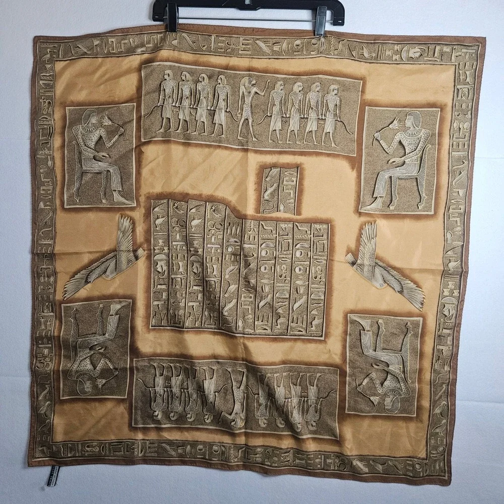 Linda Allard Ellen Tracy Silk Scarf Egyptian Hieroglyphic Print Brown Gold 34x34
